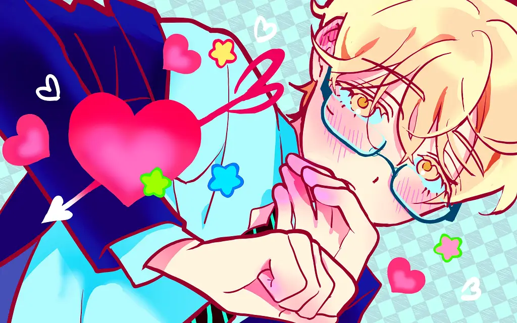 luka from alien stage. blonde with glasses, purple fingertips, wearing business casual. there are hearts and little stars decorating the image, with a light blue checkered background.